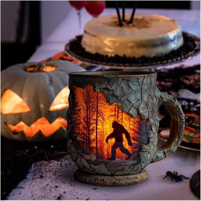 Bigfoot Forest Flame Tree Bark Mug – Handmade 3D Ceramic Coffee Cup, Unique Bigfoot Gift for Outdoor Lovers (Witch Mug)