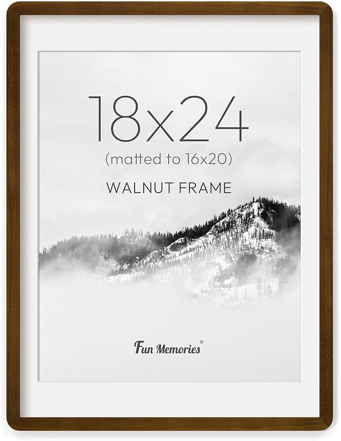 Fun Memories 18x24 Poster Frame - Solid Walnut Wood Frame, 18x24 Picture Frame with Mat for 16x20, Wood Frame with Tempered Glass, 24x18 Large Poster Frame for Gallery Wall Display, Natural Walnut