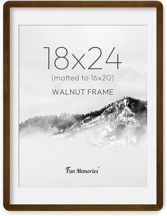 Fun Memories 18x24 Poster Frame - Solid Walnut Wood Frame, 18x24 Picture Frame with Mat for 16x20, Wood Frame with Tempered Glass, 24x18 Large Poster Frame for Gallery Wall Display, Natural Walnut