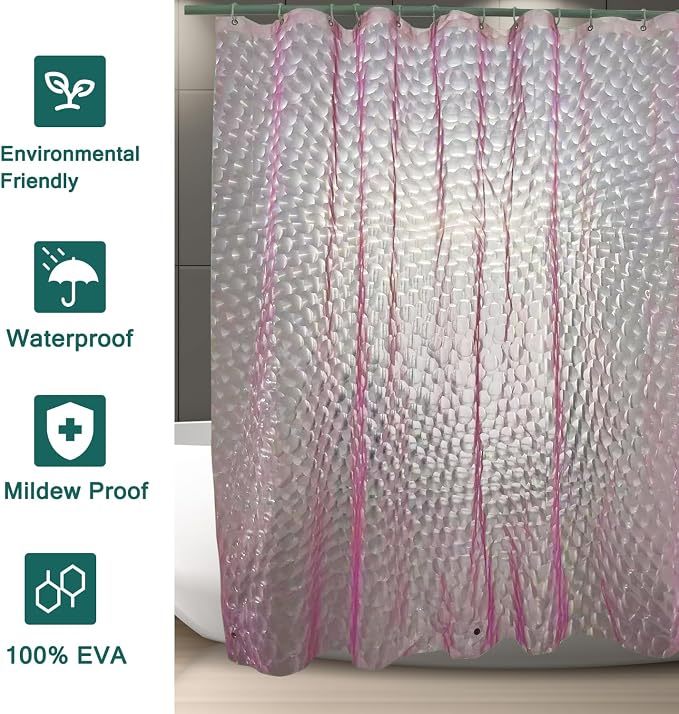 Shower Curtain Liner, 100% Waterproof EVA 3D Shower Curtains with 3 Duty Heavy Bottom Magnets and 12 Rust Proof Grommets, 72x72 Weighted Shower Liner for Shower Stall, Bathtubs (Pink Cube)