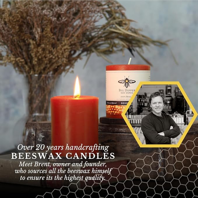 Big Dipper Wax Works Pumpkin Orange Pillar Candle, 40-Hour Long Burn, Pure Beeswax Candle, 2" x 4.75”