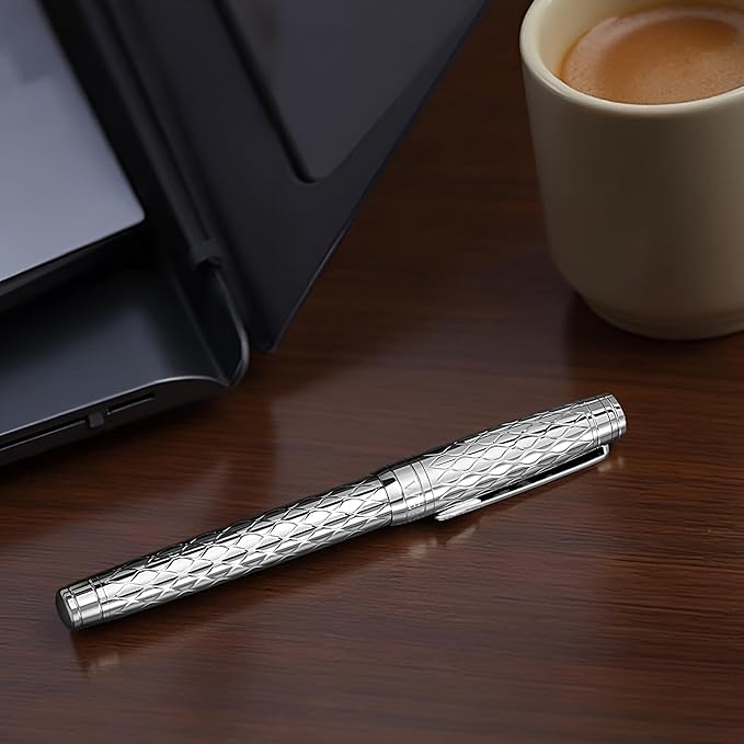 ‘The Mirror’ Silver Luxury Executive Fountain Pen, Woven Chrome Finish, Medium Nib, Smudge Free, No Bleed, Use Any Fountain Ink with Included Converter, Fits Cartridges (sold separately)