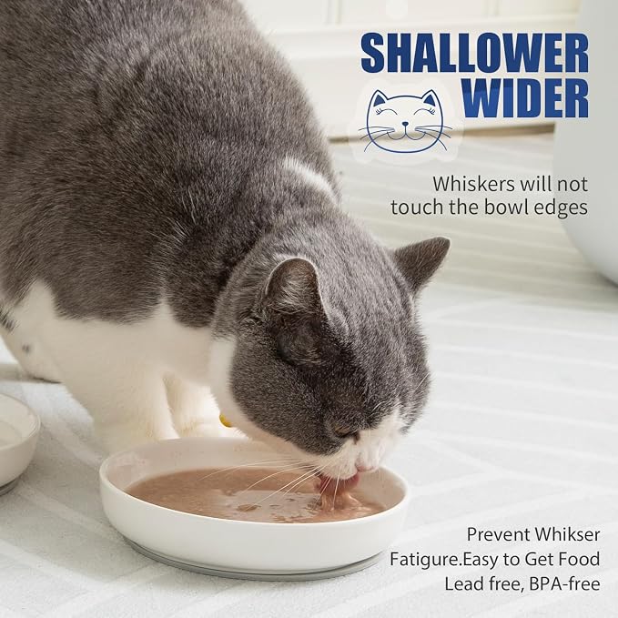 Lusifaco Shallow Cat Food Bowls, 5.9 Inch Wide Ceramic Cat Dish for Indoor Cat,Anti Whisker Fatigue Cat Dishes Set, Kitten Plates for Food and Water,Non-Slip Silicone Mat,3 Pack(White)