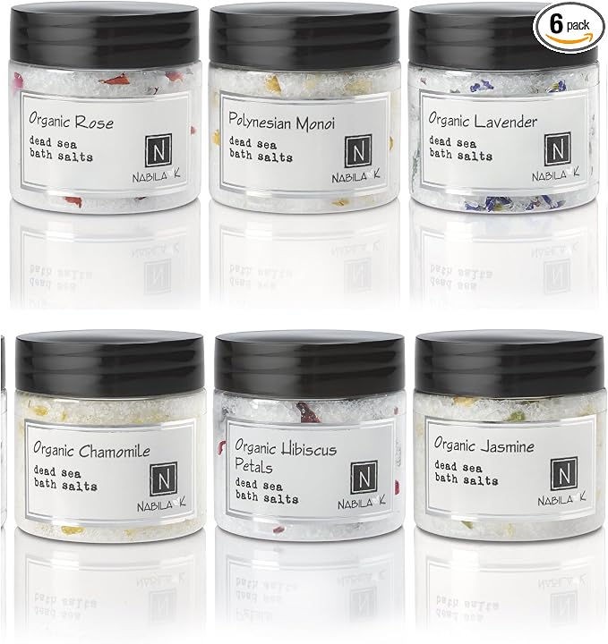Bath Salts Gift Set for Women & Men - 6 Scents, Dead Sea Salt & Epsom Salt Exfoliating Soak and Scrub - Organic, Cruelty-Free, Sulfate-Free | 6 x 2 oz Variety Set | Nabila K