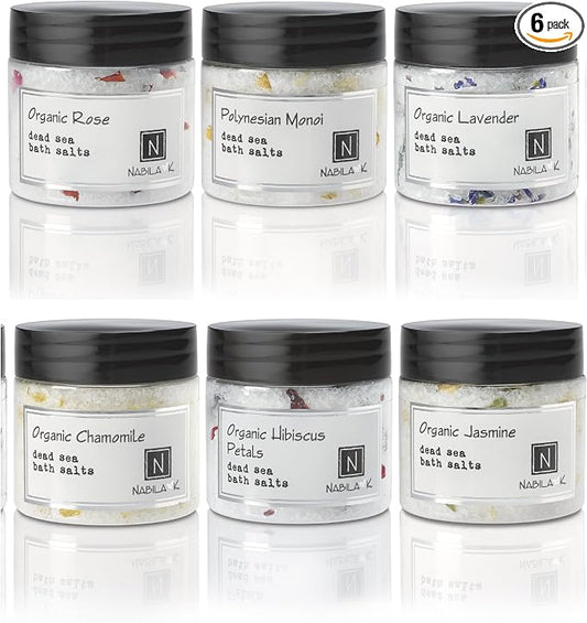 Bath Salts Gift Set for Women & Men - 6 Scents, Dead Sea Salt & Epsom Salt Exfoliating Soak and Scrub - Organic, Cruelty-Free, Sulfate-Free | 6 x 2 oz Variety Set | Nabila K