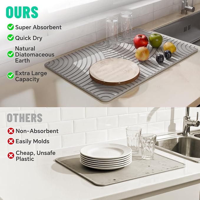 NiHome Large Stone Drying Mat for Kitchen Counter, 24"x16" Quick Dry Diatomaceous Earth Kitchen Mats - Fast Absorbent Non-Slip Dirt-Resistant Stone Dish Drying Mat for Dishes Bottles Cups Bathroom