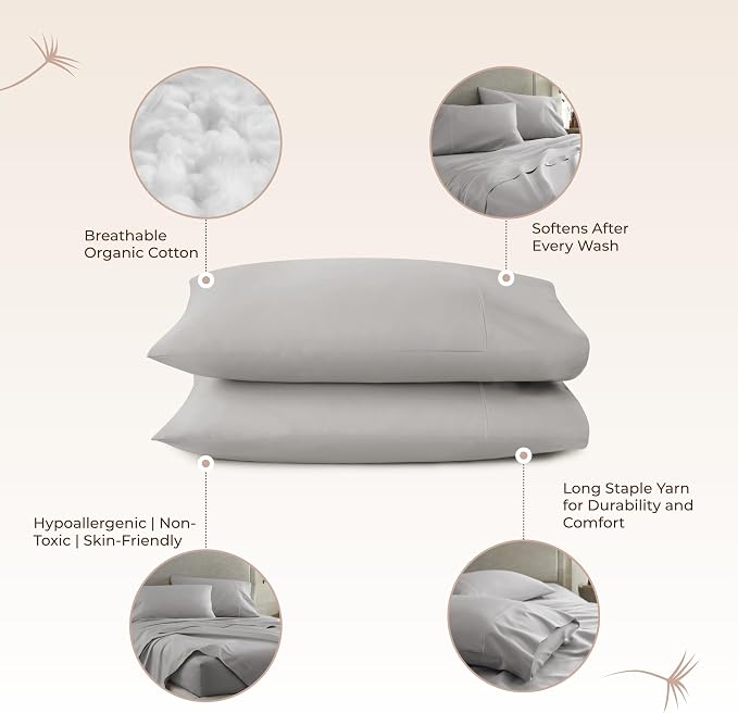 100% Organic Cotton Pillow Cases Queen Size Set of 2-100% Cotton Pillowcases GOTS Certified 500 Thread Count - Naturally Cooling Comfortable Breathable & Soft Pillow Cases (Grey, Queen)