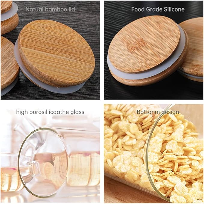 Oiuwuig Glass Food Storage Jars Containers with Airtight Bamboo Lids Set of 4 Kitchen Glass Canisters For Coffee Flour Sugar Candy Cookie Spice and More 750 ML