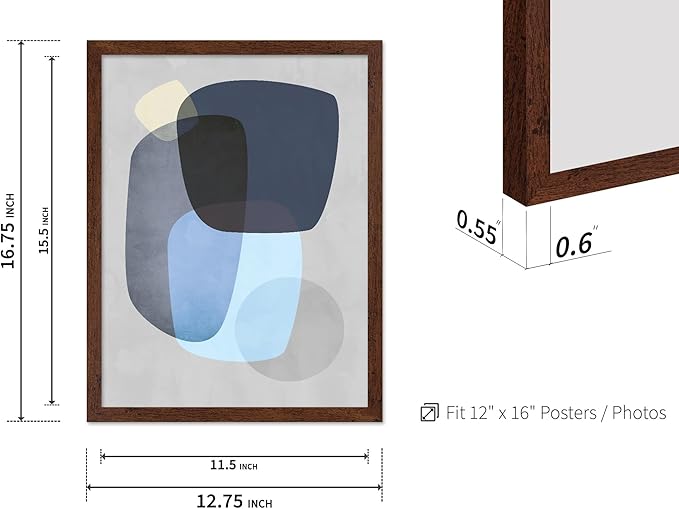 Monem Art Abstract Blue Shapes Print - Scandinavian Minimalist Art Poster - Wall Decor for Living Room, Bedroom or Office - 12x16 Brown Framed Wall Art by Mareike Bohmer
