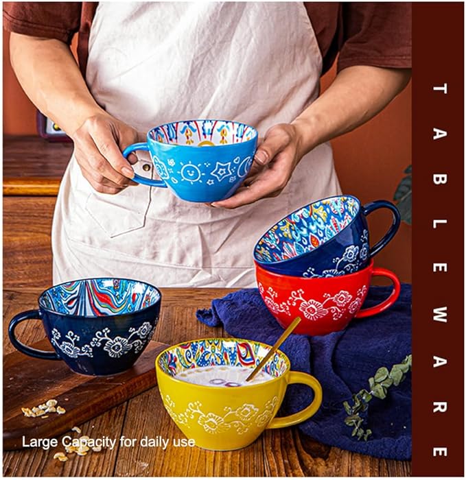 Bohemian Hand-Painted Ceramic Mug, 15 Oz Large Coffee Cup for Milk, Tea, and Breakfast, Dishwasher & Microwave Safe Artisan Cup, Baby Blue