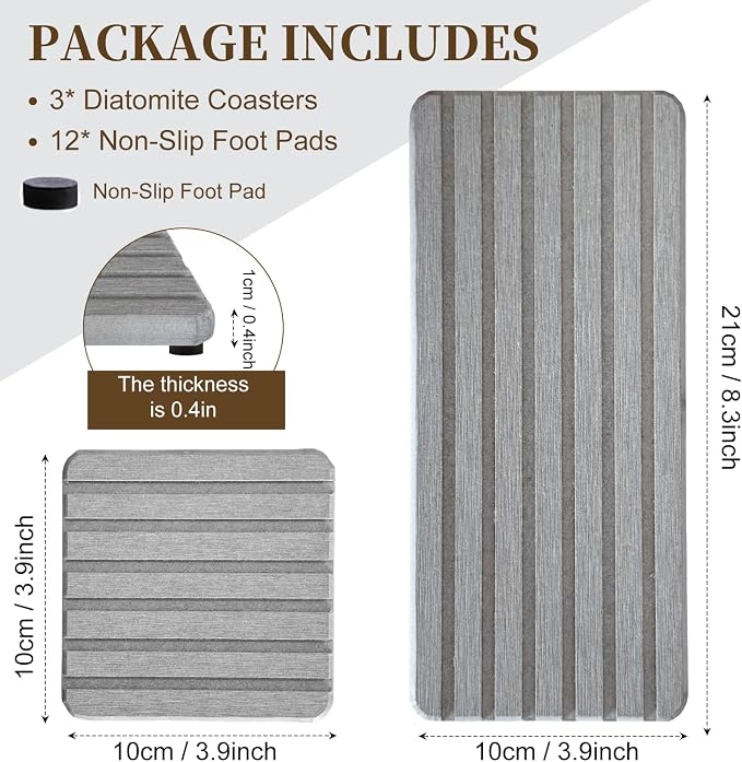 3PCS Diatomite Stone Tray Set, Large Soap Holder & 2 Square Coaster Mats for Bathroom Kitchen Counter, Fast-Absorbing Sink Organizer with Non-Slip Feet, 8.3x4 & 4x4 Inches