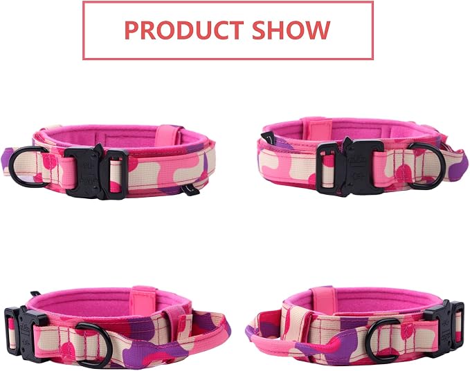 Tactical Dog Collar Adjustable Military Nylon Dog Collar with Control Handle and Heavy Duty Metal Buckle for Medium and Large Dogs (Pink Camo,M)