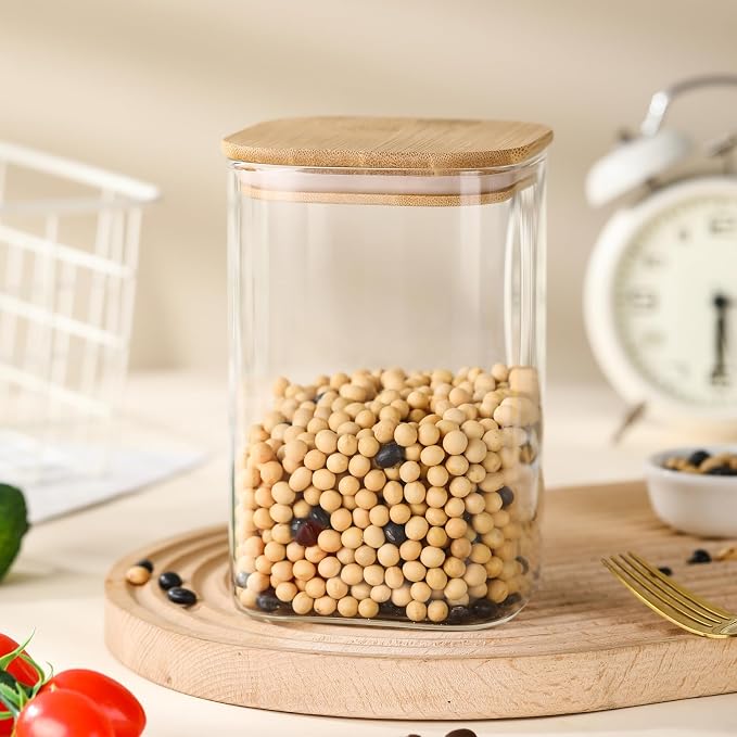 3-Pack Square Glass Containers with Bamboo Lids, 32 fl oz Candy Jars | 32 fl oz/946 ml Airtight Canister Set, Clean & Elegant Storage Jars for Candy, Coffee, Tea, Sugar, Flour, Cookies, Spices