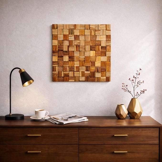JOLLYMER Wood Wall Decor, Rustic Wooden Wall Art, Home Decorations for Living Room and Bedroom Aesthetic, Cubic, 13" x 13"