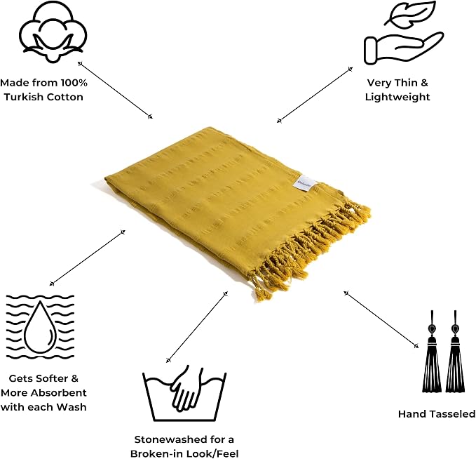 InfuseZen Stonewashed Turkish Cotton Bath and Beach Towel - Golden Yellow | 100% Organic, Thin, Soft, Lightweight, Absorbent, Quick-Drying, Large Peshtemal, Sand-Resistant for Shower, Pool, Spa, Travel