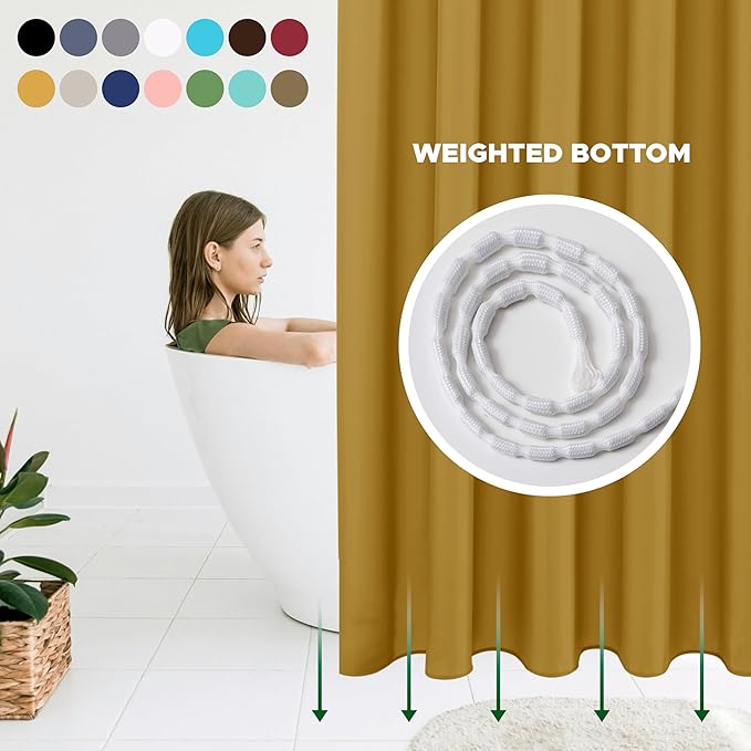 Biscaynebay Hotel Quality Extra Long Fabric Shower Liners 72" Width by 84" Length, Gold Water Resistant Bathroom Curtains Rust Resistant Grommets & Weighted Bottom Hem Machine Washable