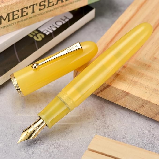 Jinhao 9019 DaDao Series Fountain Pen, Size 8 Medium Heartbeat Nib with Large Ink Converter, Yellow Jade Acrylic Design Smooth Writing Pen (Gold Trim)