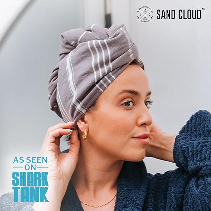 Sand Cloud Hair Towel Wrap for Women & Men, (Grey, Classic) - 100% Turkish Cotton Quick Hair Drying Towel Wrap - Absorbent Half Terry Weave Hair Plop Head Towel Wrap with Binding Edge