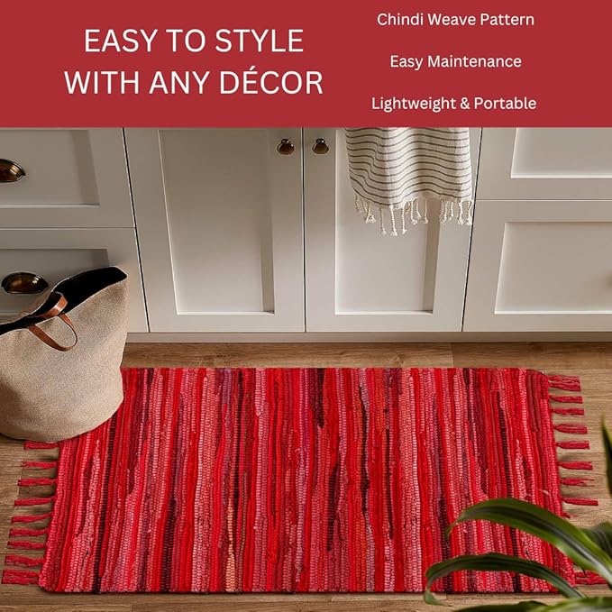 Cotton Chindi Rug - Boho Rustic Area Accent Throw Rug - Area Floor Carpet for Bedroom Living Room Kitchen Dorm Entryway Hallway - 20x32 inch Hand Woven Reversible Area Rug Red Multi