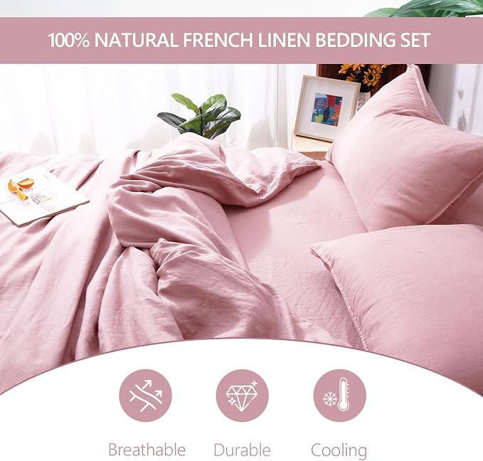 S VICTORY SYMBOL 100% Organic Linen Duvet Cover Set 3PCS King Size,Stone Washed Natural French Flax Bedding,1 Duvet Cover and 2 Pillowcases,Farmhouse Bedding Set(Pink Lavender)