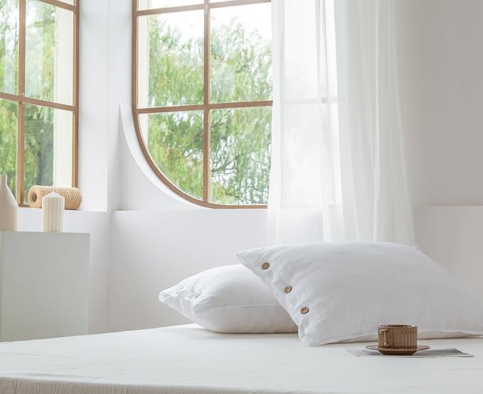 EVERLY 100% Linen Pillowcases Set of 2, French Linen from Normandy, 20X36Inch Standard Size, Natural Color, Coconut Buttons Closure, Flax Pillowshams-Pillowcase-White