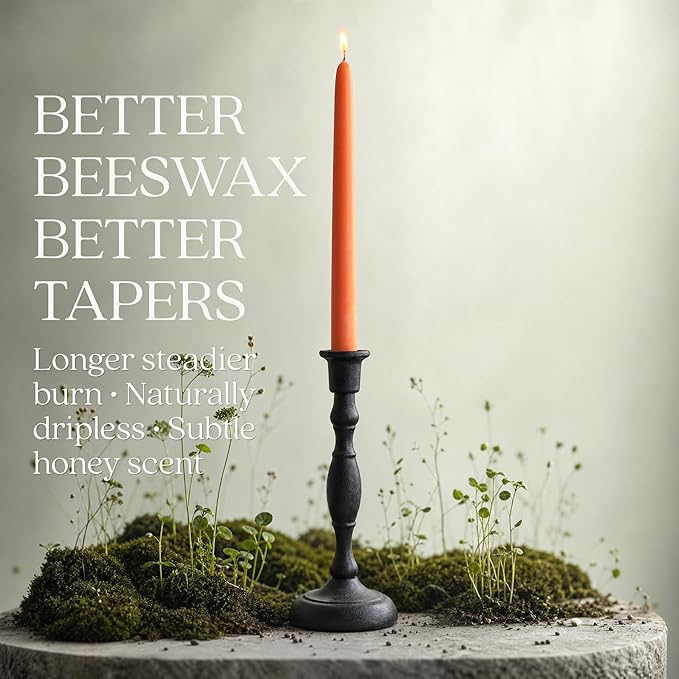 Bluecorn Beeswax Taper Candles, 100% Pure Natural Bees Wax, Pair of 12 Inch Orange Tapered Candlesticks, Clean Burning & Dripless, Fragrance Free, Long Lasting, Home Decor, American Made, 1 Count