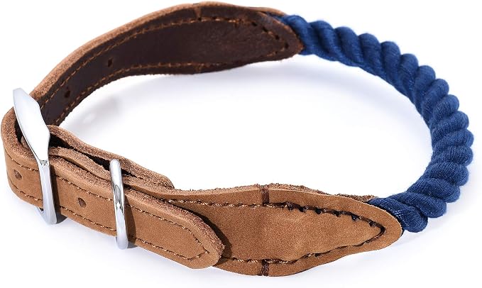 Mile High Life Genuine Leather Dog Collar, Durable Braided Cotton Rope Collar with Metal Pin Buckle for Small Medium Large Dogs (Navy Blue, L Neck 17"-21")
