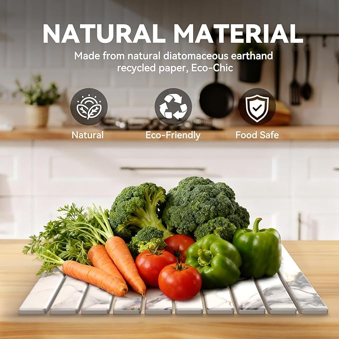 Large Stone Dish Drying Mat for Kitchen, Collapsible Diatomaceous Earth Drying Pad, Ultra Absorbent Instant Dry Kitchen Countertop Mat for Dishes, Bottles & Cups, Space-Saving, Fits Any Décor, 24"×16"