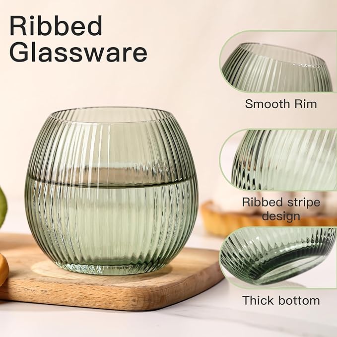 JOVGANK Green Ribbed Drinking Glasses Set of 6-10.8 OZ Stemless Wine Champagne Whiskey Cocktail Glass, Reusable Wine Cups for Home Party Wedding Bar