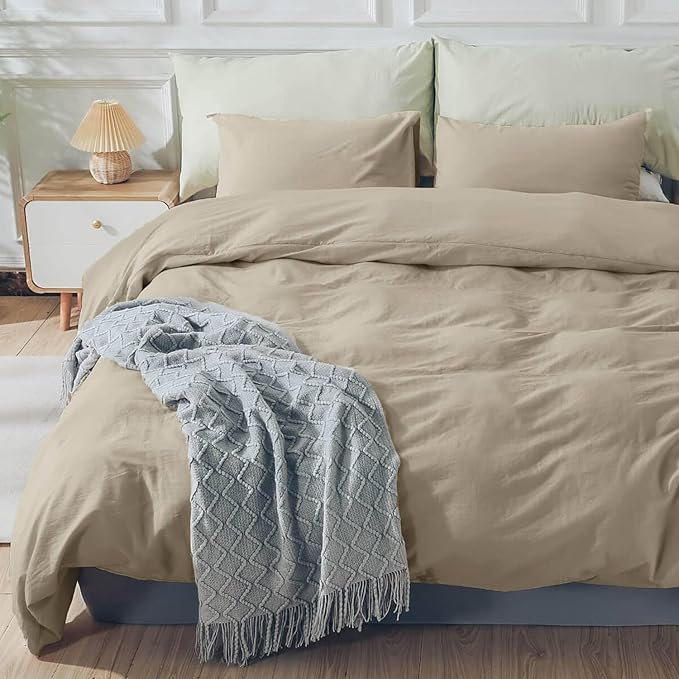 NEXHOME PRO Duvet Cover Set Oversized Queen 92"x98" Linen Feel Textured Organic Natural 100% Washed Cotton Duvet Cover 3 Pieces Bedding Set with Zipper Closure, Breathable, Soft (No Comforter)