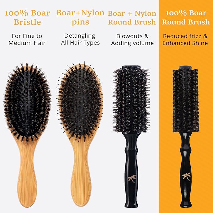 Belula 100% Soft Boar Bristle Round Brush for Blow Drying Set. Round Hair Brush With Large 2.4” Wooden Barrel. Hairbrush Ideal to Add Volume and Body. Free 3 x Hair Clips & Travel Bag