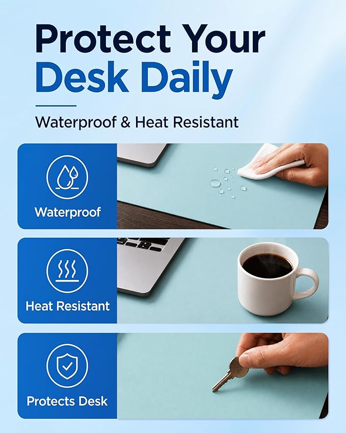 Aothia Cork Desk Mat - Dual-Sided XL PU Leather Desk Pad & Full Desk Protector, Large Waterproof Desktop Mat for Office & Gaming (47" x 23.6", Blue Topaz)