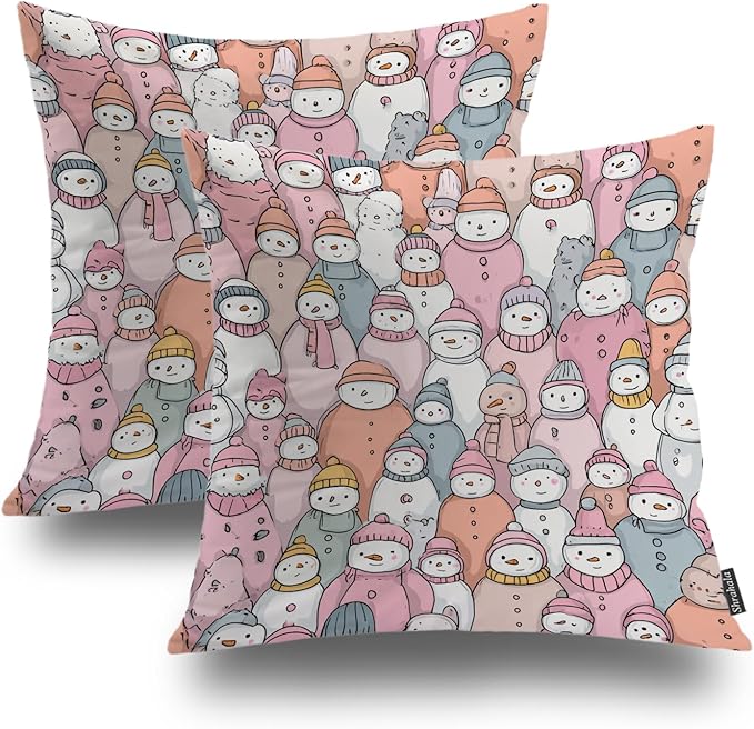 Shrahala Cute Snowmen Winter Accessories Decorative Throw Pillow Cover, Doodle Pastel Snowmen Square Pillowcase Blended Double-Sided No Inserts for Bedroom Living Room Set of 2 (22 x 22 in)