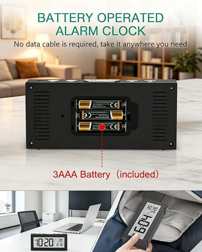 ORIA Battery Operated Digital Clock, Small Travel Alarm Clock with Indoor Temp, Date, Blacklight, Snooze, Desk Clock for Kids, Teens, Seniors, Bedrooms, Batteries Included