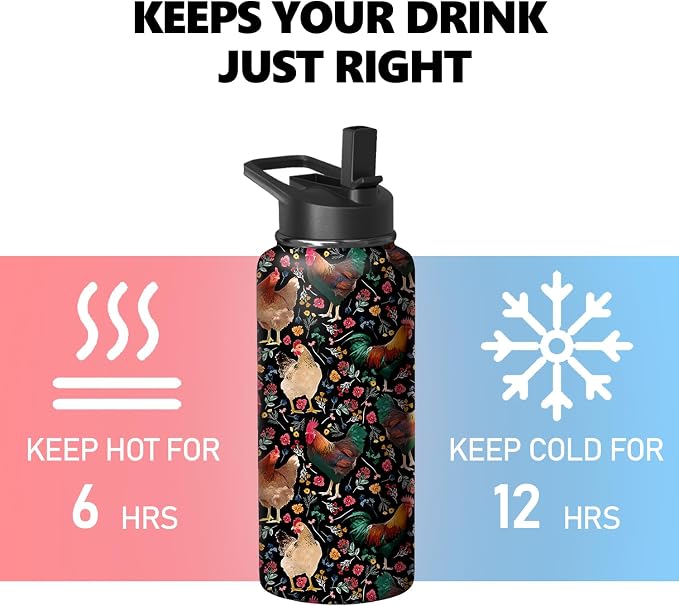 18oz Chicken Water Bottle with Handle and Flip Straw, Animal Sports Stainless Steel Insulated Cup Travel Coffee Mug Tumbler, Birthday Mothers Day Chritmas Gifts for Women
