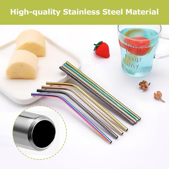 12 Pack 8.5" * 0.24" Stainless Steel Straws with 2 Cleaning Brushes, 6 Straight + 6 Bent Mental Straws, Compatible with 20oz Tumblers (Silver/Black/Gold/Rose Gold/Purple/Rainbow)