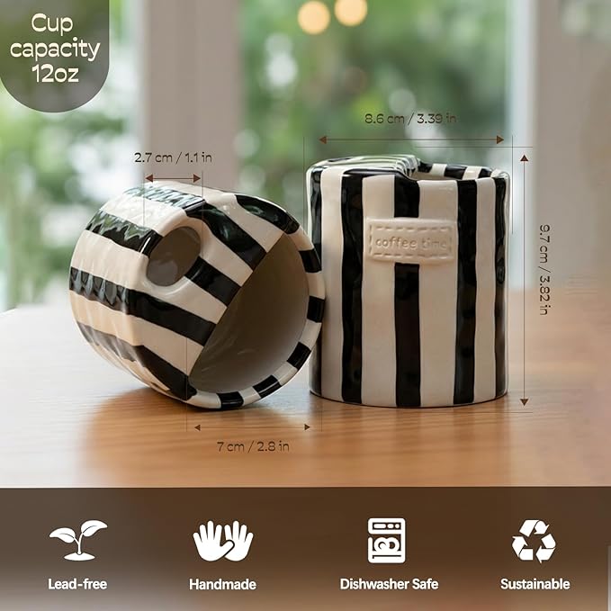 Ceramic Coffee Mug with Half Lid, 12oz To Go Coffee Mug, Handcrafted Striped Glazed Ceramic Coffee Mug with Dual Sip Lid for Hot and Cold Drinks, Black