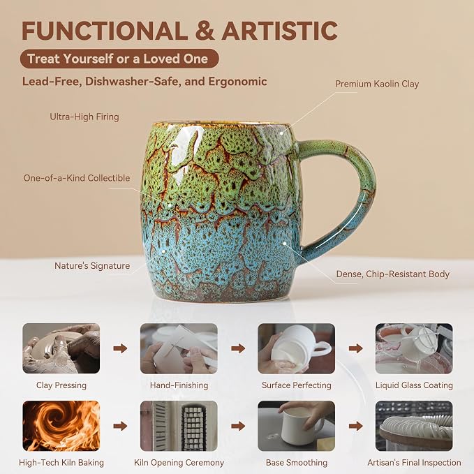 Handmade 22oz Ceramic Coffee Mug, Ergonomic Large Handle, Ideal Gift for Coffee Lovers, Microwave & Dishwasher Safe (Bas-Relief - Green&Blue)