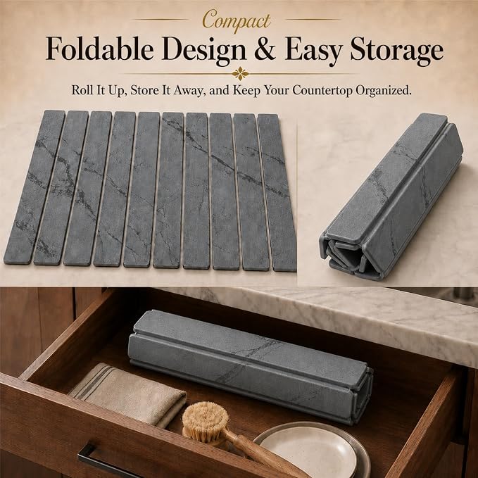 2 PCS Large Stone Dish Drying Mat for Kitchen Counter, 24" x 16" Diatomaceous Earth Dish Mat with 8" x 4" Coaster, Quick Dry Foldable Absorbent Mat for Dishes, Cups, Bottles (Dark Gray)