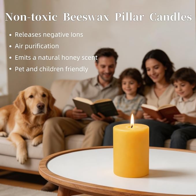 2 Packs 3"x 4" Natural Beeswax Pillar Candles, 100% Pure Beeswax Candle 120 Hours Long Burning Emergency Candle, Unscented Bees Wax Candles for Home Decor, Air Purification, Smokeless & Dripless