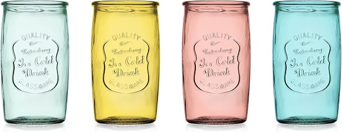Glaver's Colored Glassware, Ice Cold Drinking Glasses Set of 4 – 18 Oz Vintage Glass Cups for Kitchen, Dining Table – Multi- Colors Glass Tumblers. Hand Wash.