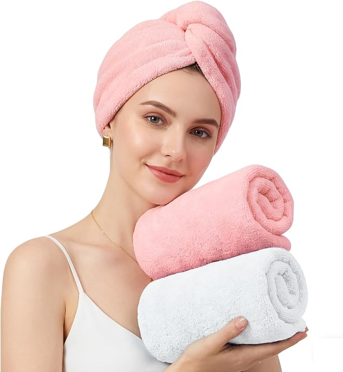 Mandydov 100% Cotton Hair Towel Wrap for Women, 2 Pack Thickened & Super Absorbent Turbans, Anti Frizz Quick Dry Hair Towels (White, Blush)