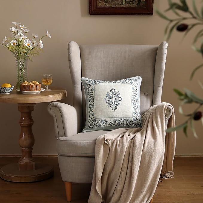 ISAENNE Design Linen Square Throw Pillow Covers 18"x18" Pack of 2, Cottage Farmhouse Cushion Covers with Thorn Vine Pattern for Bed, Living Room, Outdoor, Car