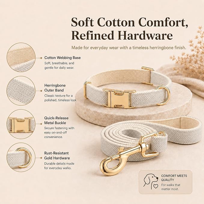 Herringbone Tweed Dog Collar and Leash Set for Medium Dogs, Gray | Snag-free, no-rub design. Soft breathable cotton, gentle on fur. Adjustable durable matching combo for walks & outdoors.