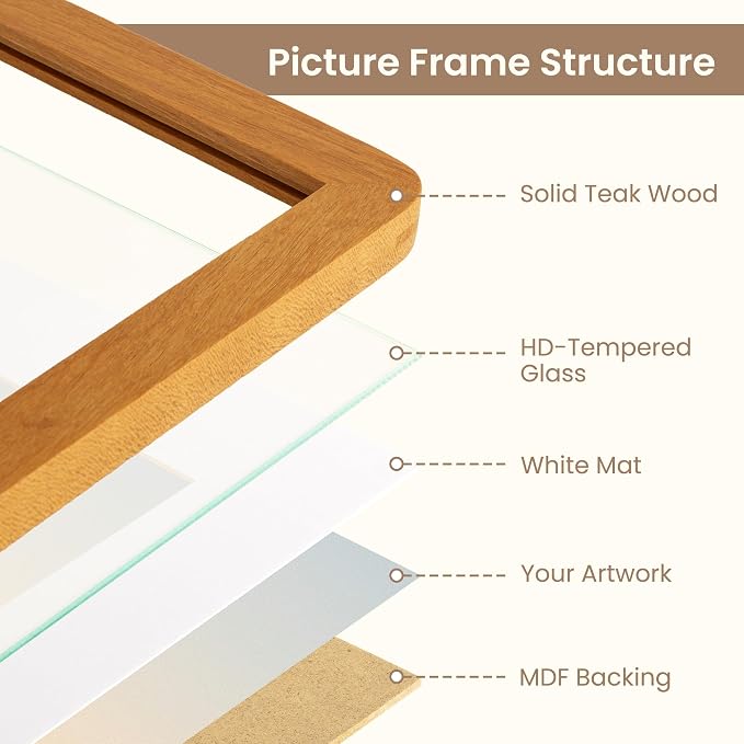 Fun Memories 5x7 Picture Frame - Solid Teak Wood Frame, 5x7 Photo Frame with Mat for 4x6, 5 By 7 Picture Frame with Tempered Glass & Rounded Corners, Tabletop and Wall Display, Natural Teak