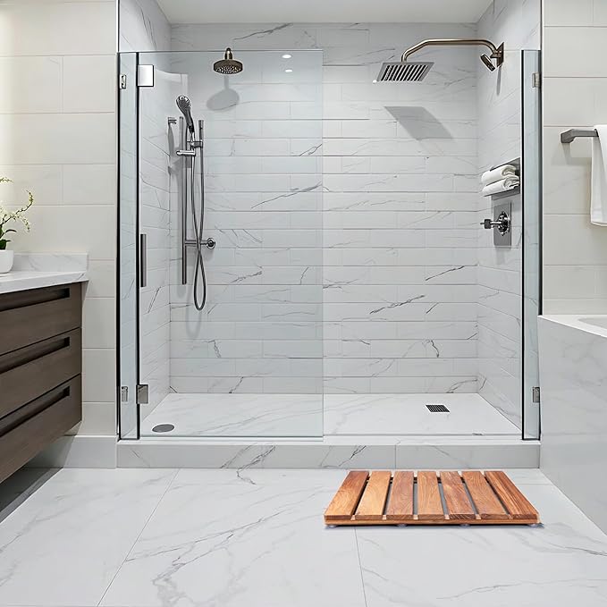 Natural Teak Wood Shower Bath Mat, 20.67 * 14.76 Inches, Non-Slip Rubber Feet, Premium Wooden Floor Mats for Spa, Sauna, Pool and Hot Tub, Flooring Decor and Protector, Indoor and Outdoor Use.