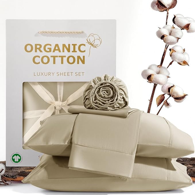 SONORO KATE 100% Organic Cotton Sheets Set - 1000 High Thread Count, GOTS Certified Long Staple Cotton Bed Sheets, Soft, Breathable 5-Star Hotel Sheets, 16" Deep Pockets - 4 PC (Linen,Queen)