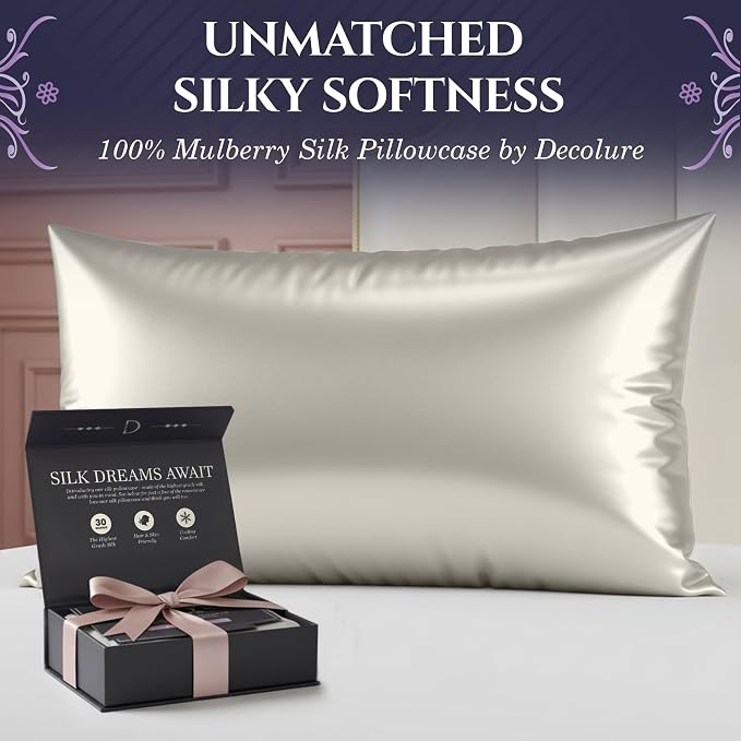 DECOLURE 100% Pure Mulberry Silk Pillow Case Standard Size – Highest Grade 30 Momme 6A+, Luxuriously Soft & Cooling Silk Pillowcase for Hair & Skin, Hypoallergenic, Breathable, Hidden Zipper (Ivory)