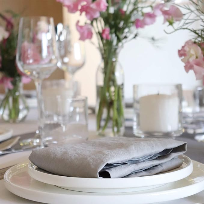 Huddleson Silver Grey Linen Napkin 20x20 (Set of Four) Luxury Italian Linen Napkin Sewn in US