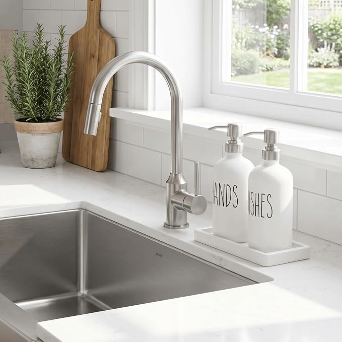 MOMEEMO White Soap Dispenser Kitchen Set, Contains Hand Soap Dispenser and Dish Soap Dispenser with Ceramic Tray, Suitable for Modern Farmhouse Decor. (White)